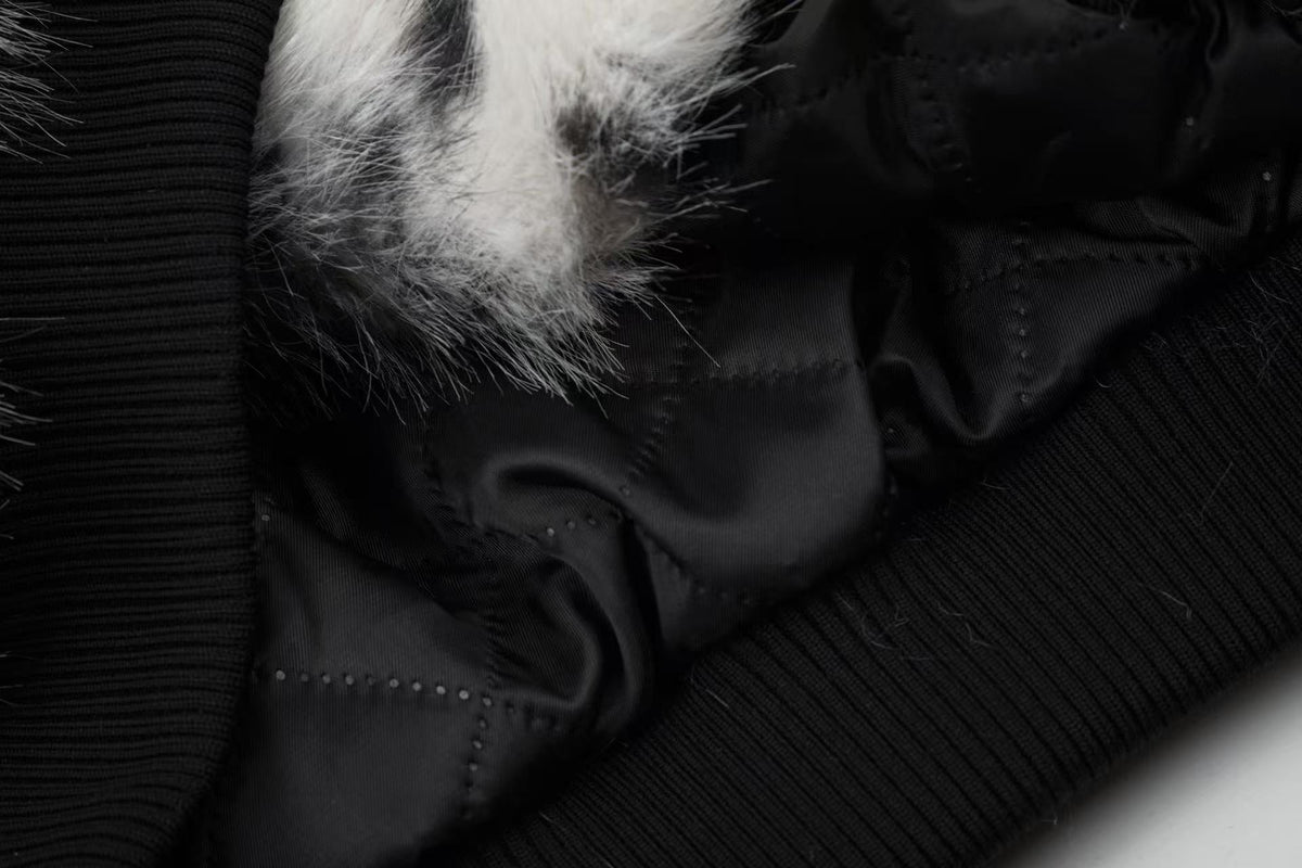 Snow Leopard Print Faux Fur Zip Up Stand Collar Bomber Jacket - OMYGOODS