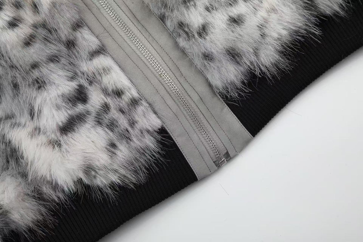 Snow Leopard Print Faux Fur Zip Up Stand Collar Bomber Jacket - OMYGOODS