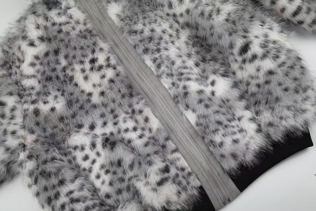 Snow Leopard Print Faux Fur Zip Up Stand Collar Bomber Jacket - OMYGOODS