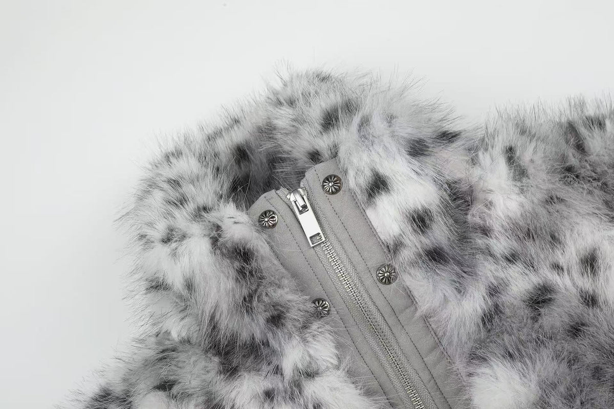 Snow Leopard Print Faux Fur Zip Up Stand Collar Bomber Jacket - OMYGOODS
