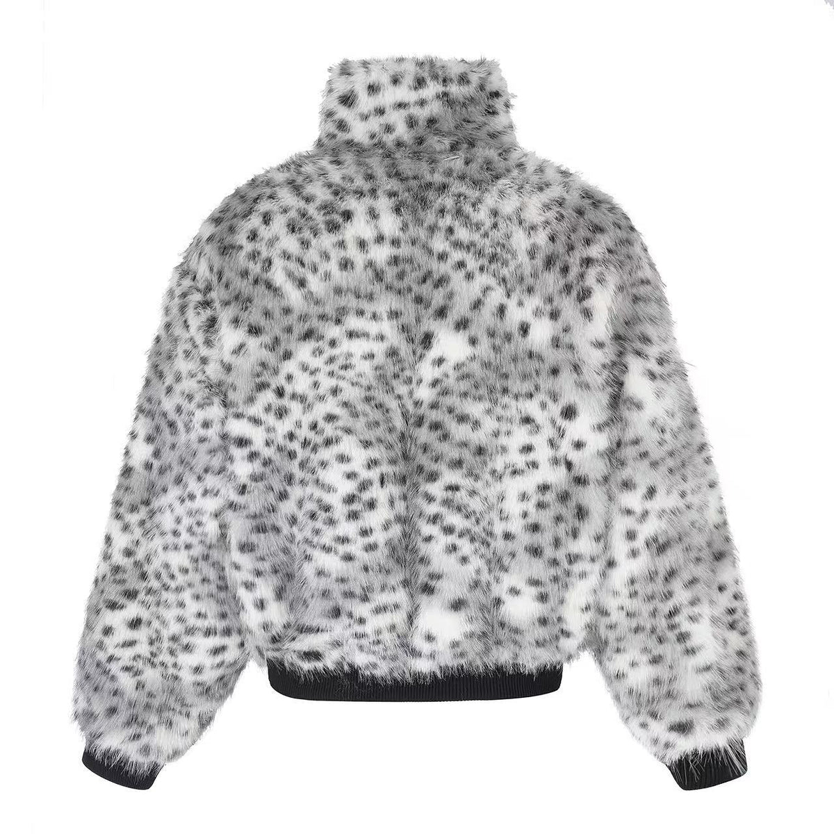 Snow Leopard Print Faux Fur Zip Up Stand Collar Bomber Jacket - OMYGOODS