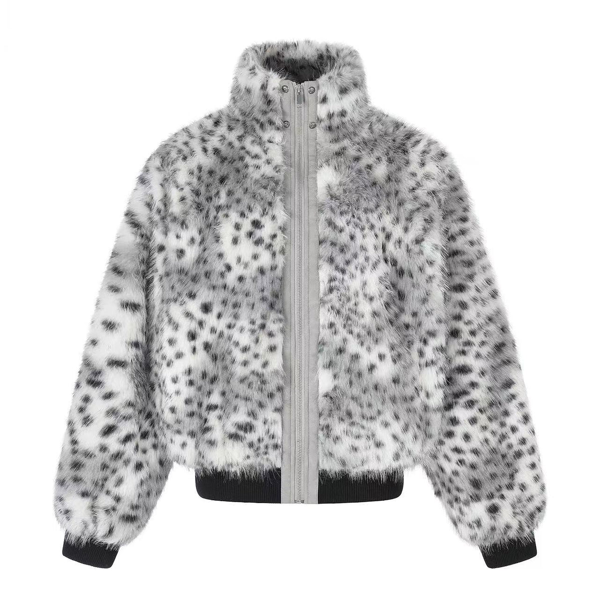 Snow Leopard Print Faux Fur Zip Up Stand Collar Bomber Jacket - OMYGOODS