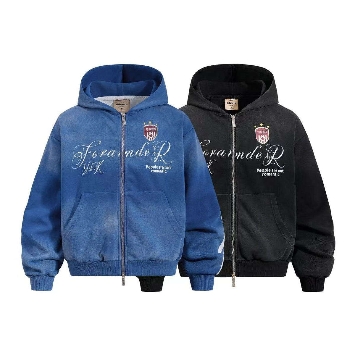 Vintage Washed Distressed Crest Embroidered Letter Print Zip Up Hoodie - OMYGOODS