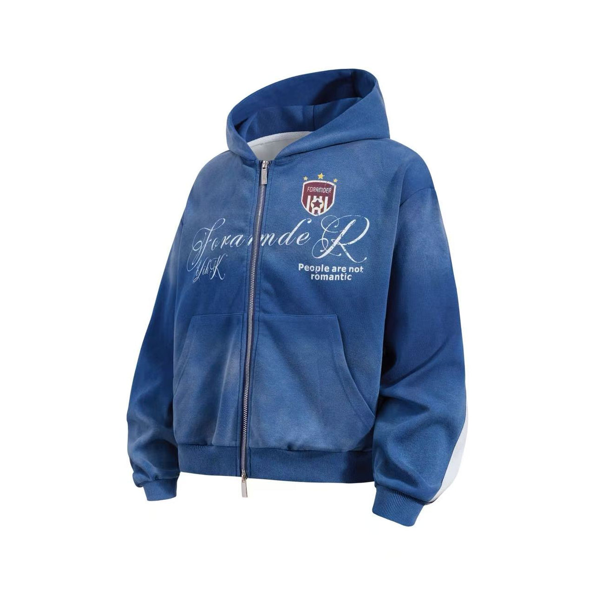 Vintage Washed Distressed Crest Embroidered Letter Print Zip Up Hoodie - OMYGOODS