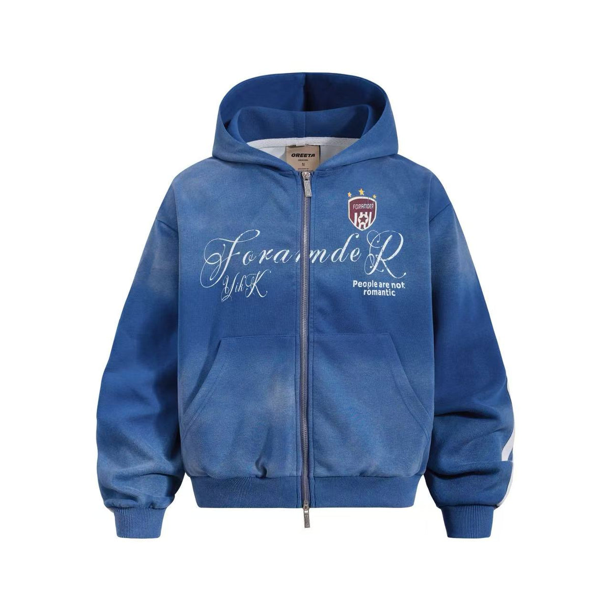 Vintage Washed Distressed Crest Embroidered Letter Print Zip Up Hoodie - OMYGOODS