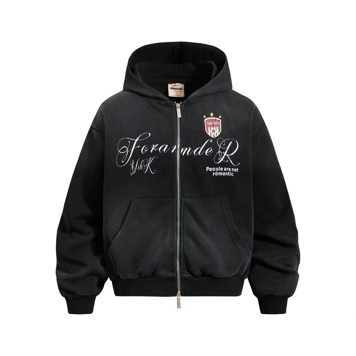 Vintage Washed Distressed Crest Embroidered Letter Print Zip Up Hoodie - OMYGOODS