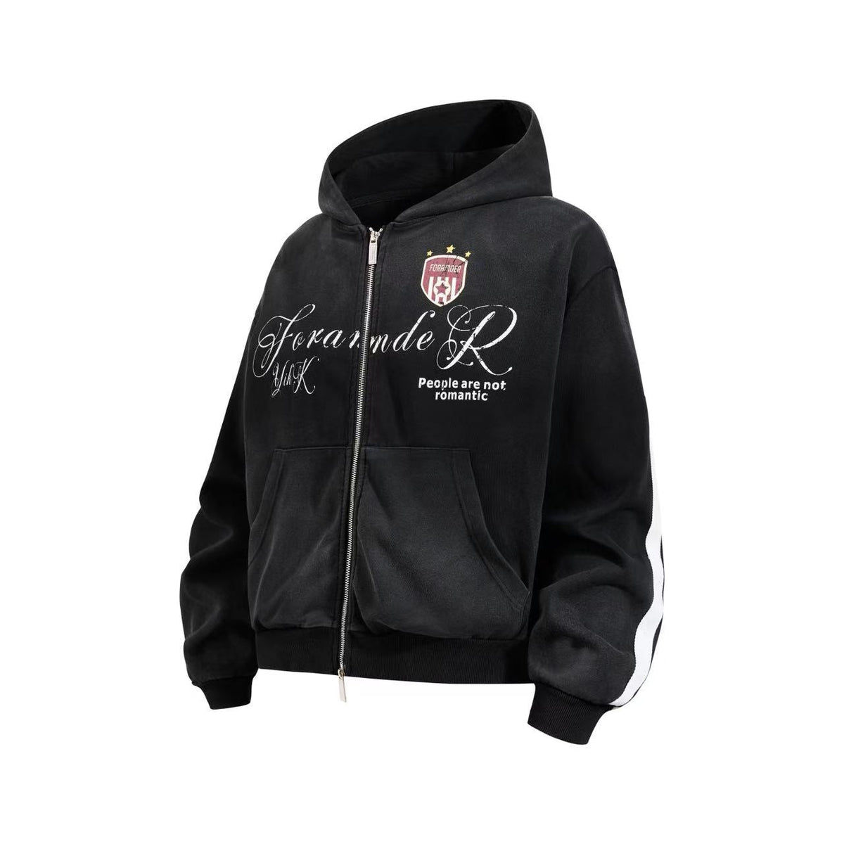 Vintage Washed Distressed Crest Embroidered Letter Print Zip Up Hoodie - OMYGOODS