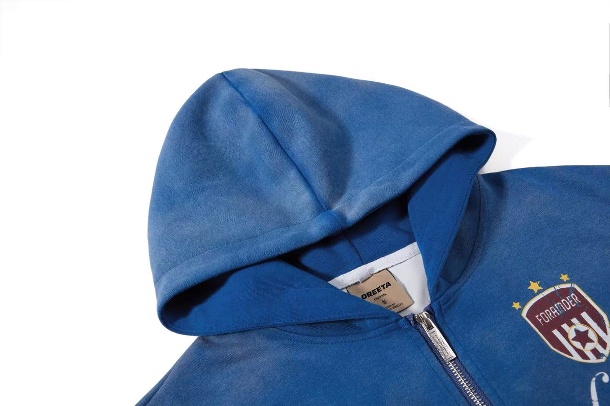Vintage Washed Distressed Crest Embroidered Letter Print Zip Up Hoodie - OMYGOODS