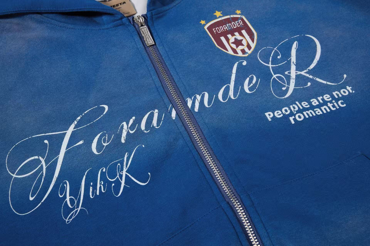 Vintage Washed Distressed Crest Embroidered Letter Print Zip Up Hoodie - OMYGOODS