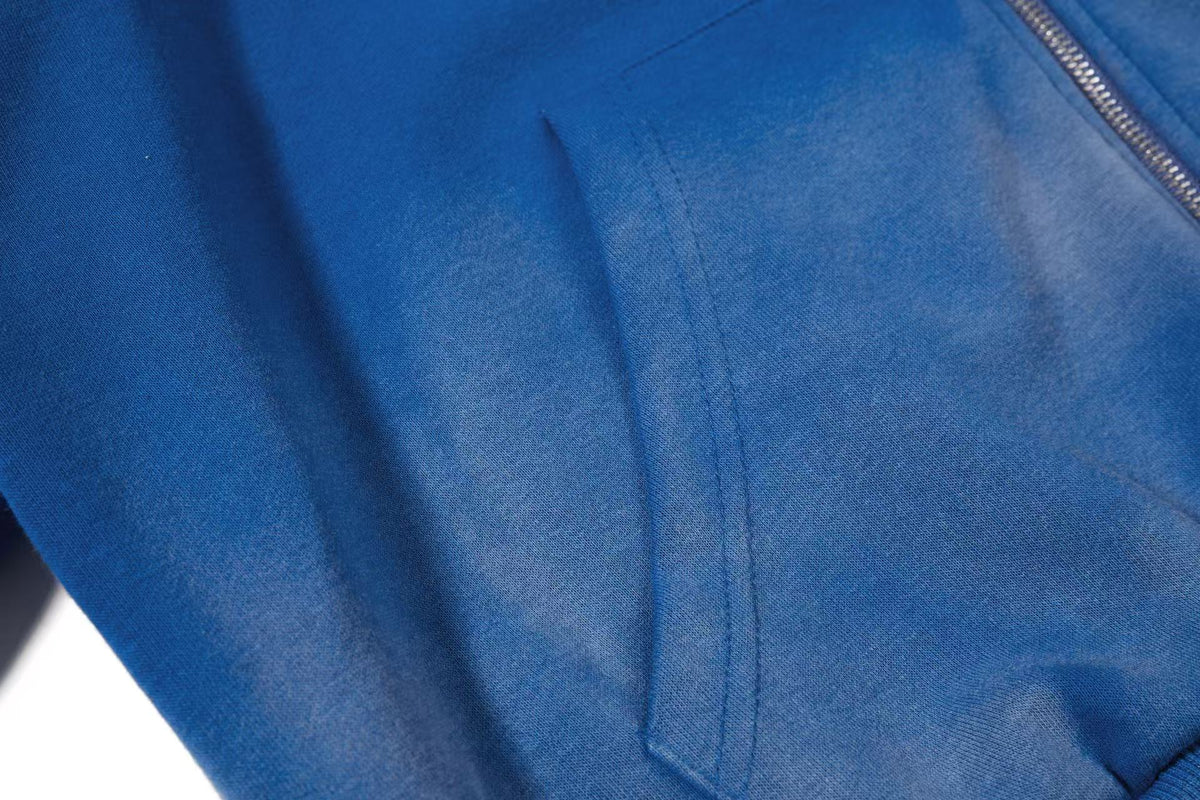 Vintage Washed Distressed Crest Embroidered Letter Print Zip Up Hoodie - OMYGOODS