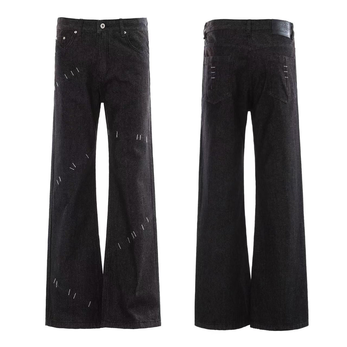 Hand Stitch Decor Black Washed Flare Jeans - OMYGOODS