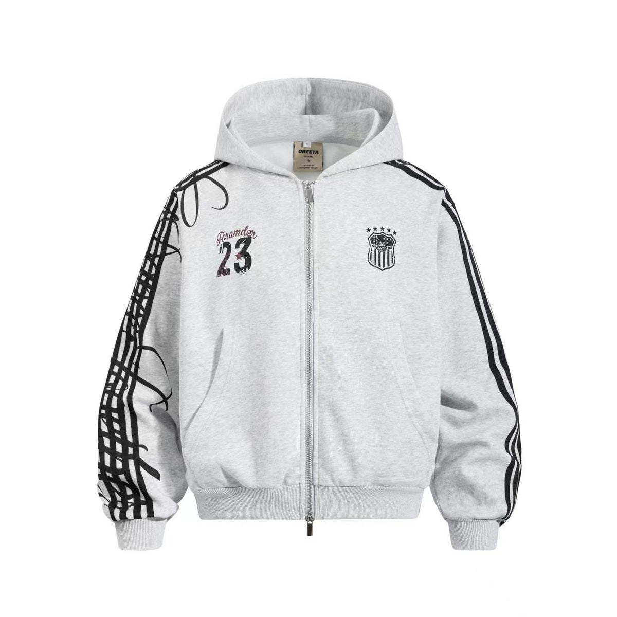 3-Striped Sleeve Graffiti 23 Crest Print Zip Up Hoodie - OMYGOODS