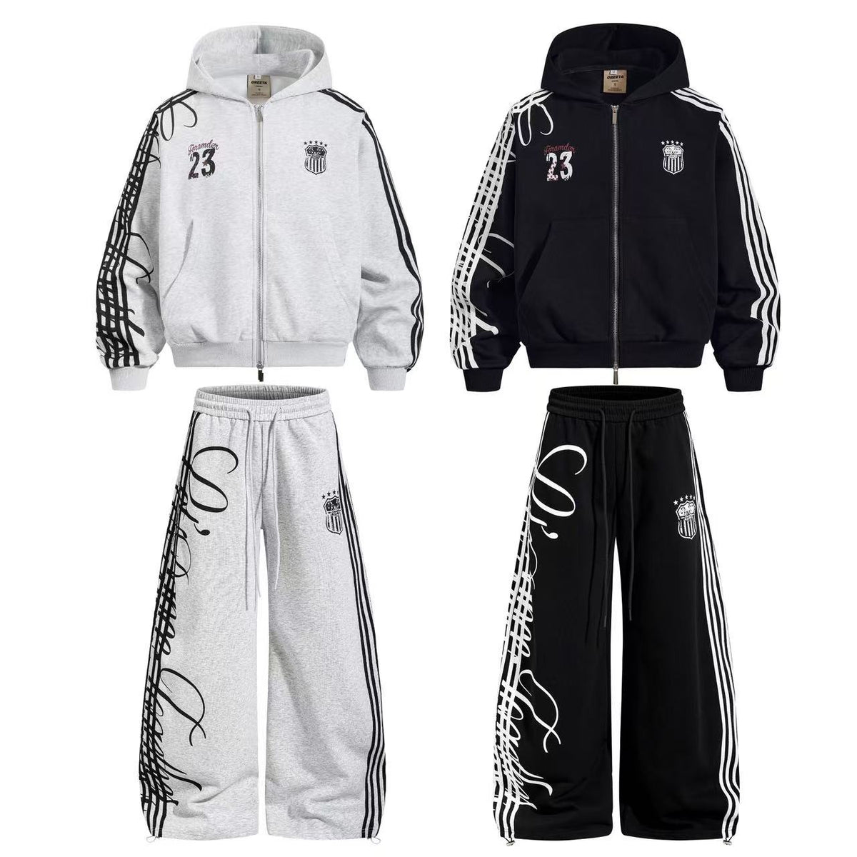 3-Striped Sleeve Graffiti 23 Crest Print Zip Up Hoodie - OMYGOODS