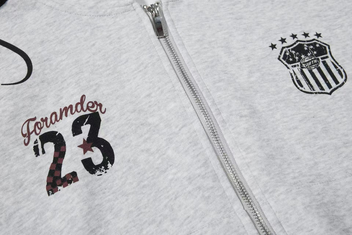 3-Striped Sleeve Graffiti 23 Crest Print Zip Up Hoodie - OMYGOODS