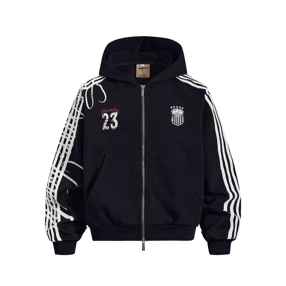 3-Striped Sleeve Graffiti 23 Crest Print Zip Up Hoodie - OMYGOODS