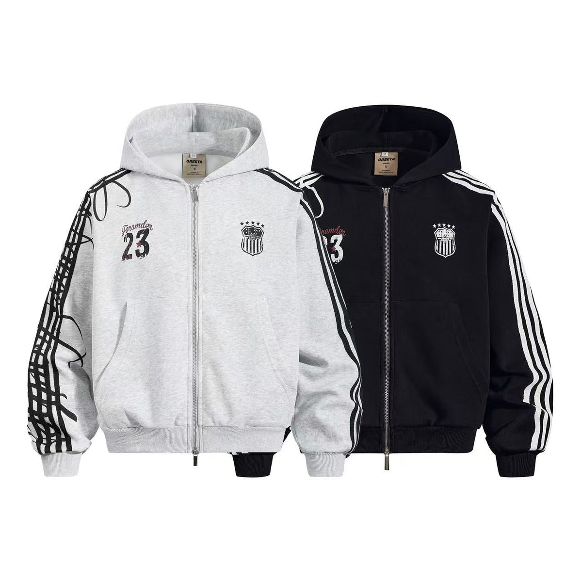 3-Striped Sleeve Graffiti 23 Crest Print Zip Up Hoodie - OMYGOODS