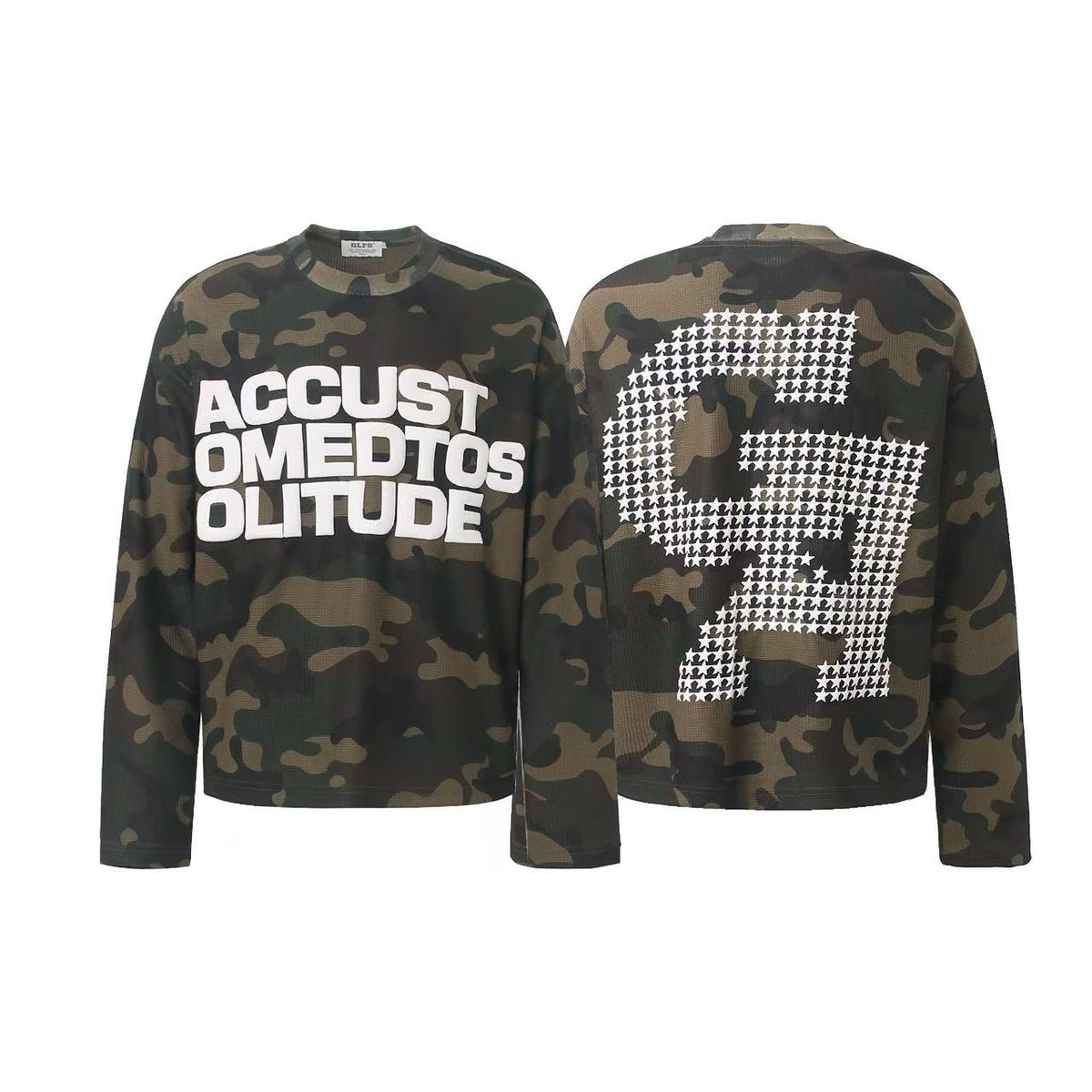Vintage Camo Front & Back Letter Graphic Waffle Knit Long Sleeve - OMYGOODS