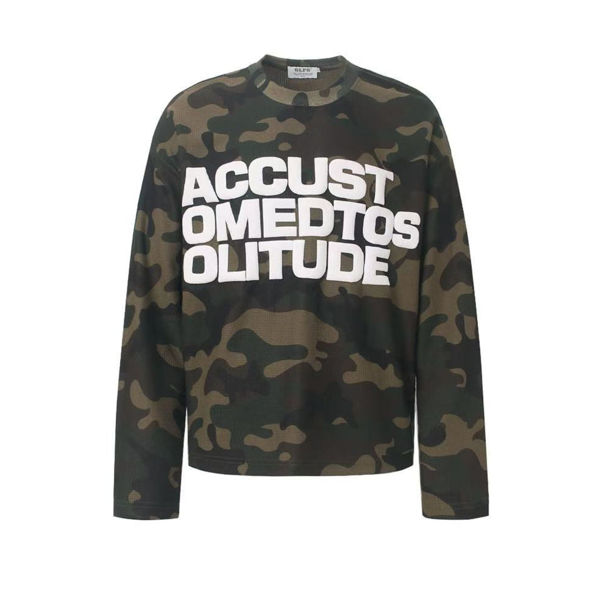 Vintage Camo Front & Back Letter Graphic Waffle Knit Long Sleeve - OMYGOODS