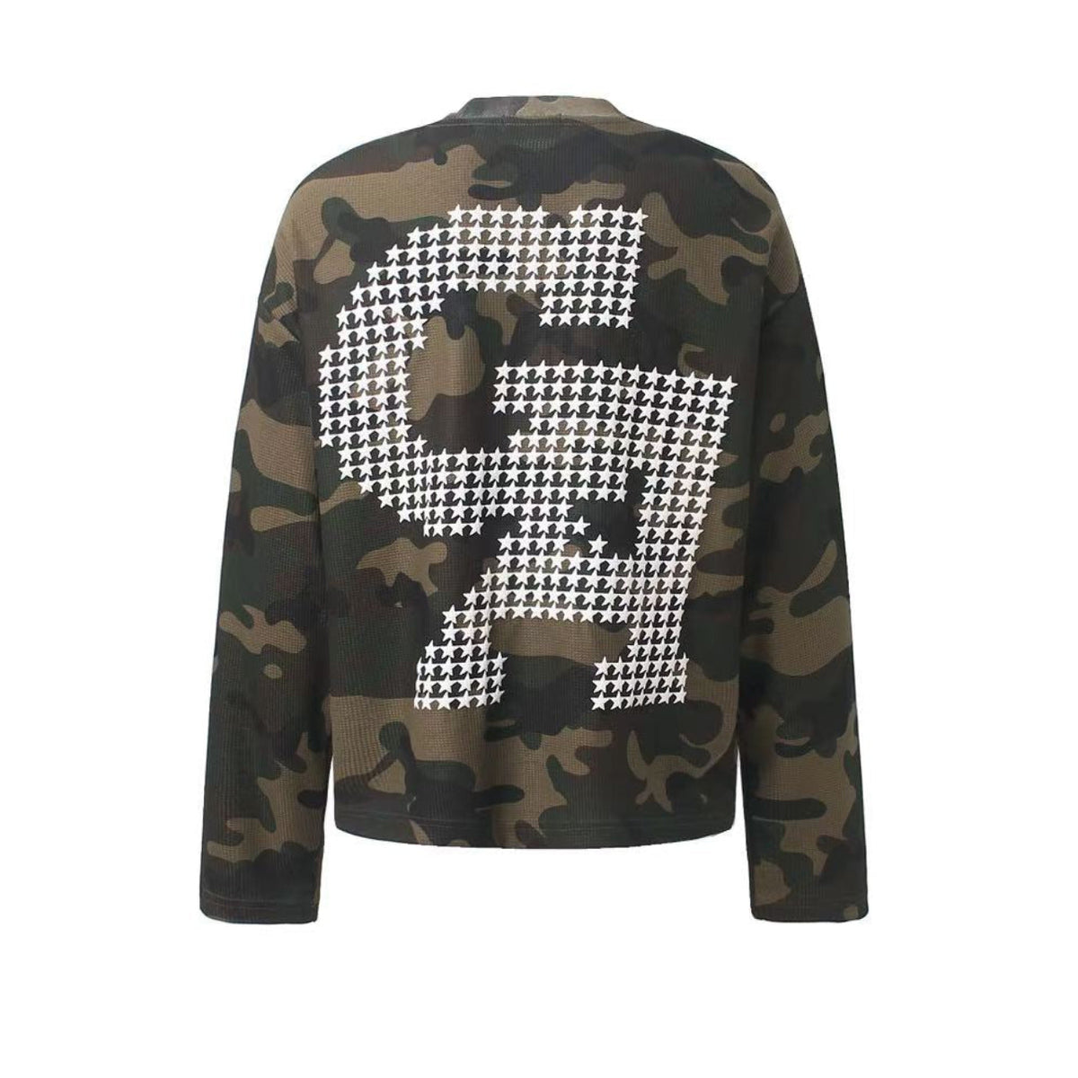 Vintage Camo Front & Back Letter Graphic Waffle Knit Long Sleeve - OMYGOODS