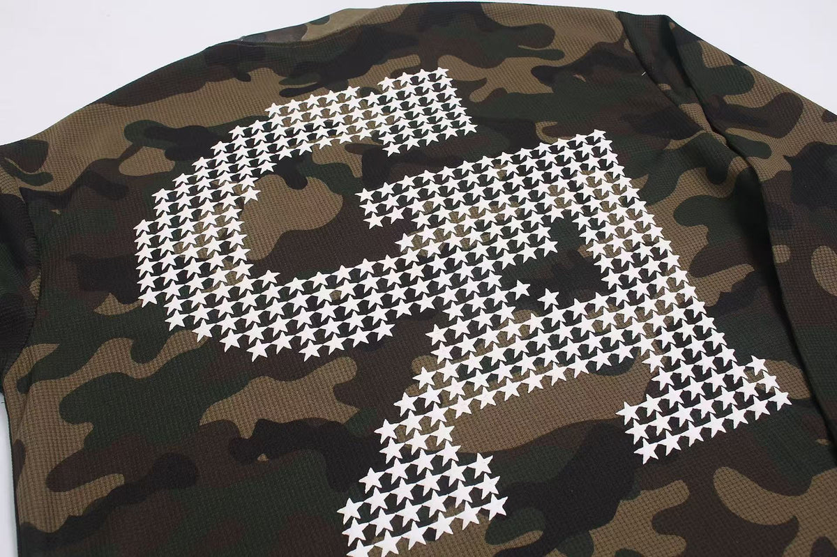 Vintage Camo Front & Back Letter Graphic Waffle Knit Long Sleeve - OMYGOODS