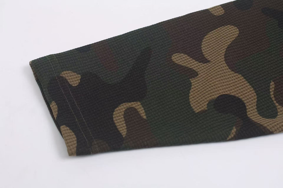 Vintage Camo Front & Back Letter Graphic Waffle Knit Long Sleeve - OMYGOODS