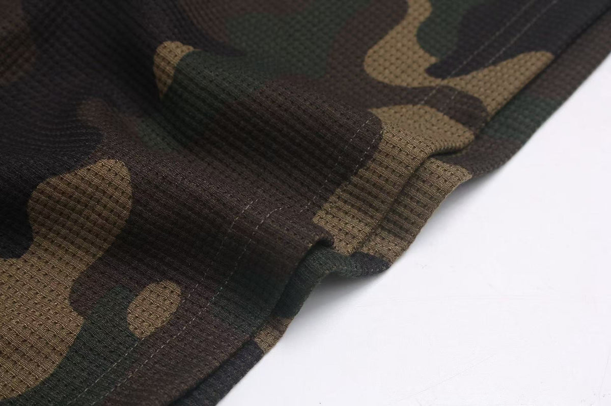 Vintage Camo Front & Back Letter Graphic Waffle Knit Long Sleeve - OMYGOODS