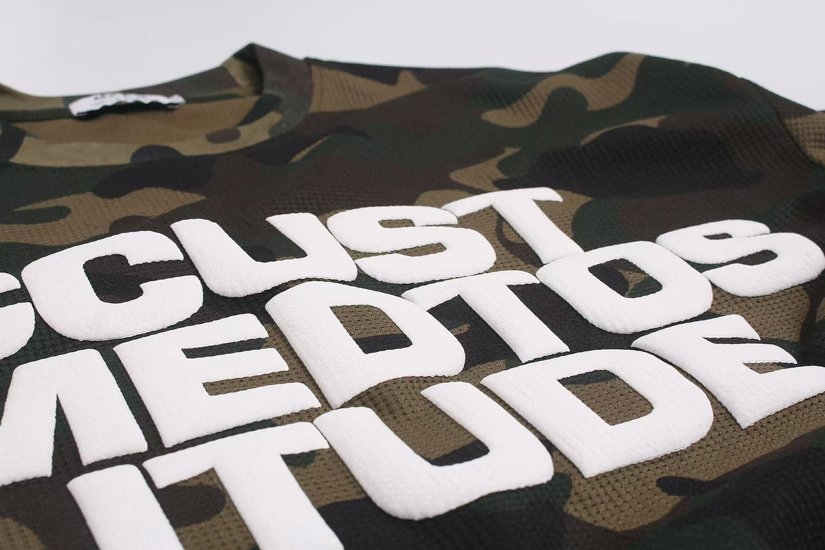 Vintage Camo Front & Back Letter Graphic Waffle Knit Long Sleeve - OMYGOODS