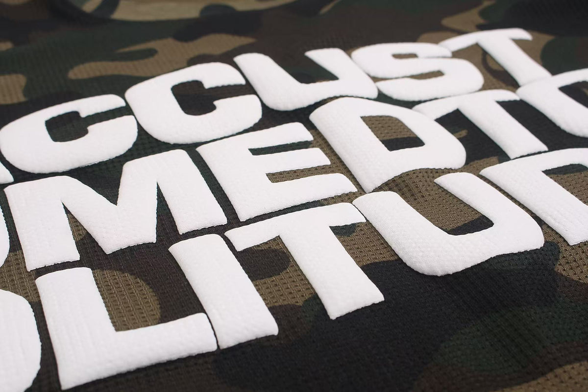 Vintage Camo Front & Back Letter Graphic Waffle Knit Long Sleeve - OMYGOODS