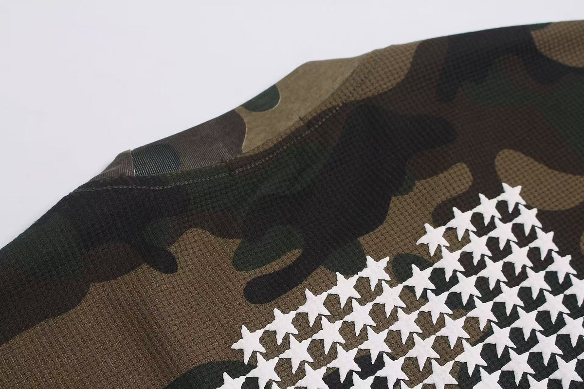 Vintage Camo Front & Back Letter Graphic Waffle Knit Long Sleeve - OMYGOODS