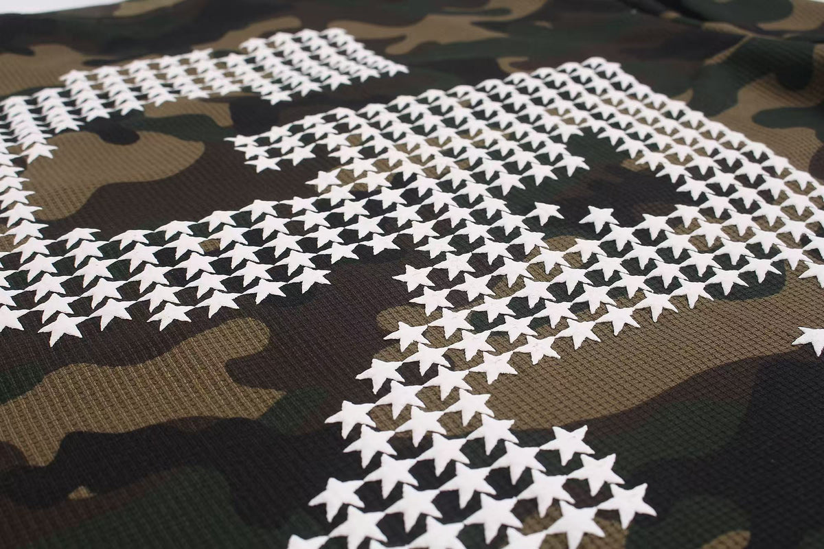 Vintage Camo Front & Back Letter Graphic Waffle Knit Long Sleeve - OMYGOODS