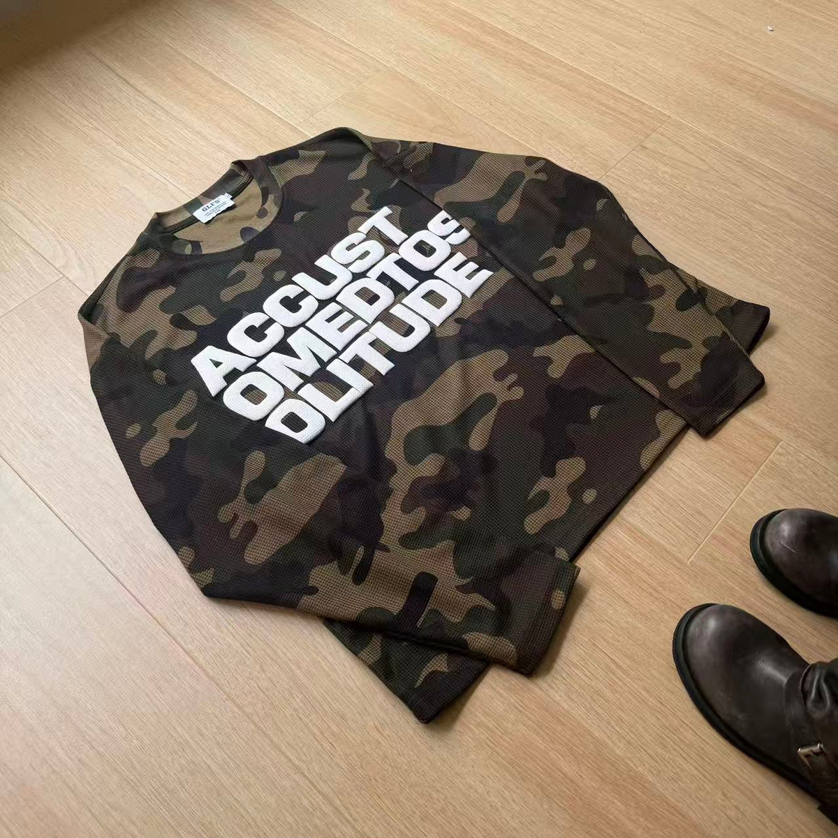 Vintage Camo Front & Back Letter Graphic Waffle Knit Long Sleeve - OMYGOODS