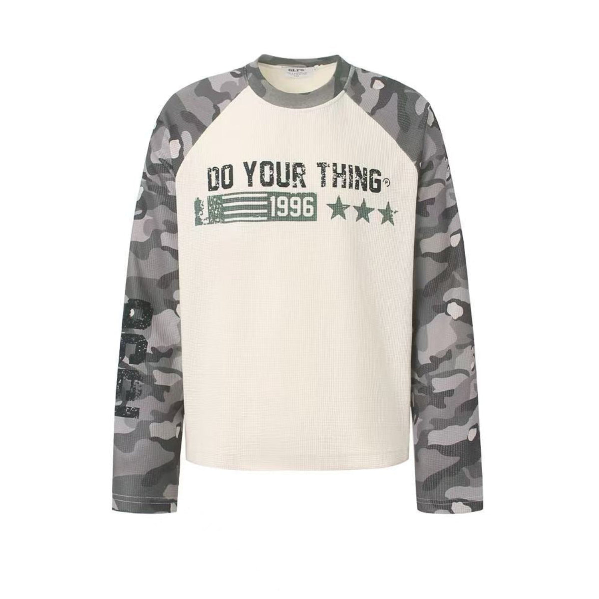 Camo Raglan Waffle Knit Letter Print Long Sleeve - OMYGOODS