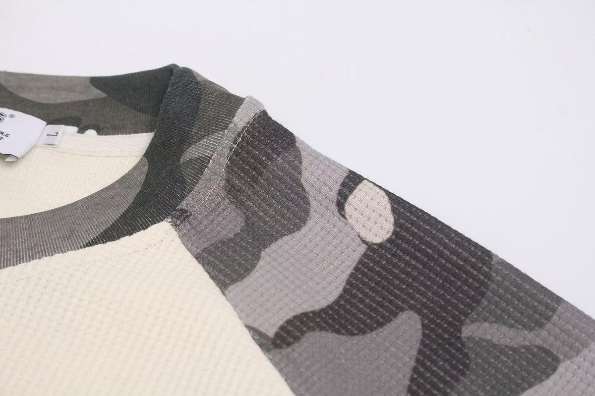 Camo Raglan Waffle Knit Letter Print Long Sleeve - OMYGOODS