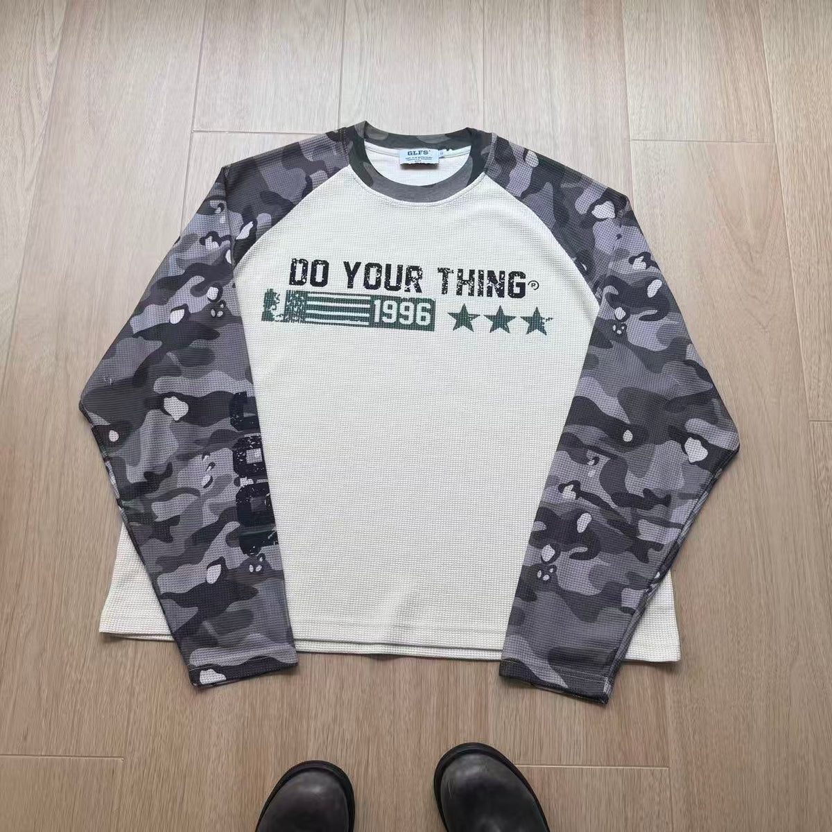 Camo Raglan Waffle Knit Letter Print Long Sleeve - OMYGOODS