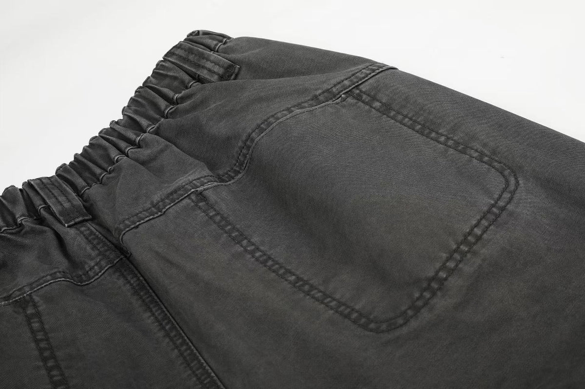Washed Elastic Back Waist Side Flap Pocket Wide Leg Cargo Pants - OMYGOODS