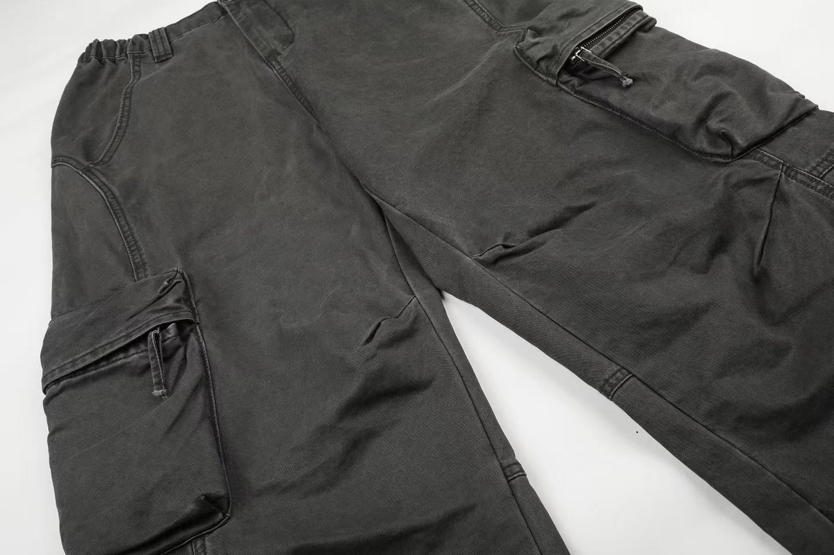 Washed Elastic Back Waist Side Flap Pocket Wide Leg Cargo Pants - OMYGOODS
