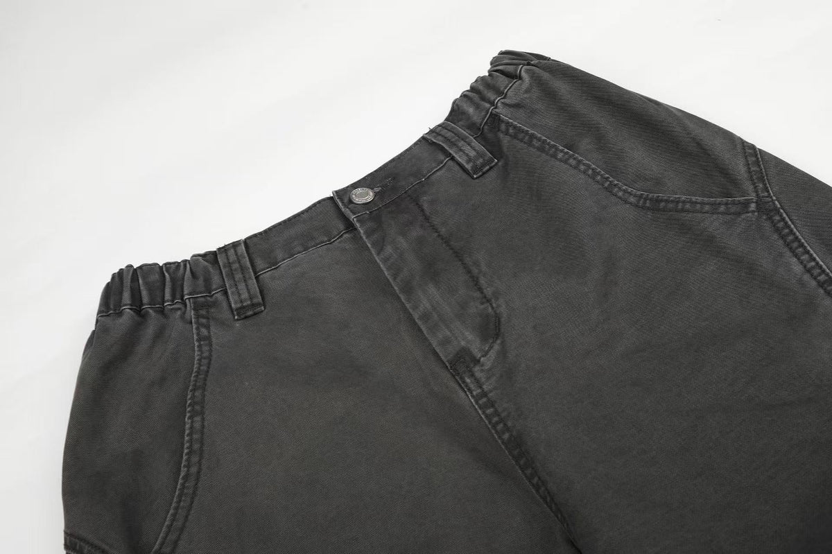 Washed Elastic Back Waist Side Flap Pocket Wide Leg Cargo Pants - OMYGOODS
