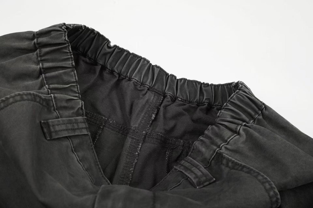 Washed Elastic Back Waist Side Flap Pocket Wide Leg Cargo Pants - OMYGOODS