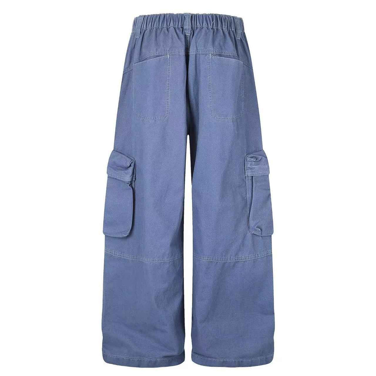 Washed Elastic Back Waist Side Flap Pocket Wide Leg Cargo Pants