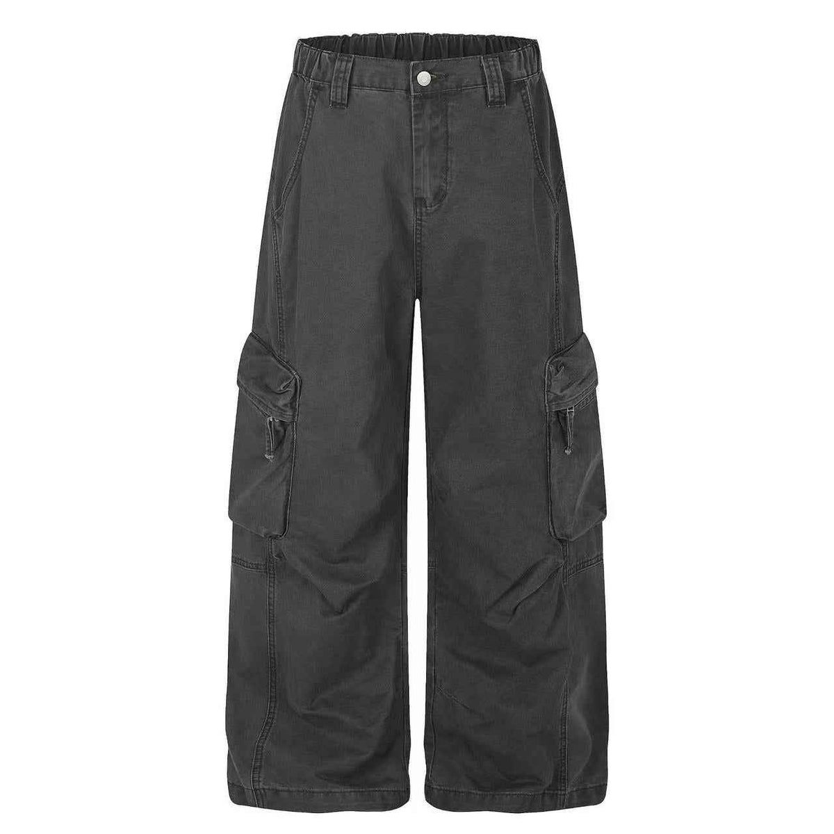 Washed Elastic Back Waist Side Flap Pocket Wide Leg Cargo Pants
