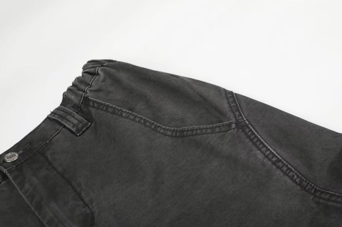 Washed Elastic Back Waist Side Flap Pocket Wide Leg Cargo Pants - OMYGOODS