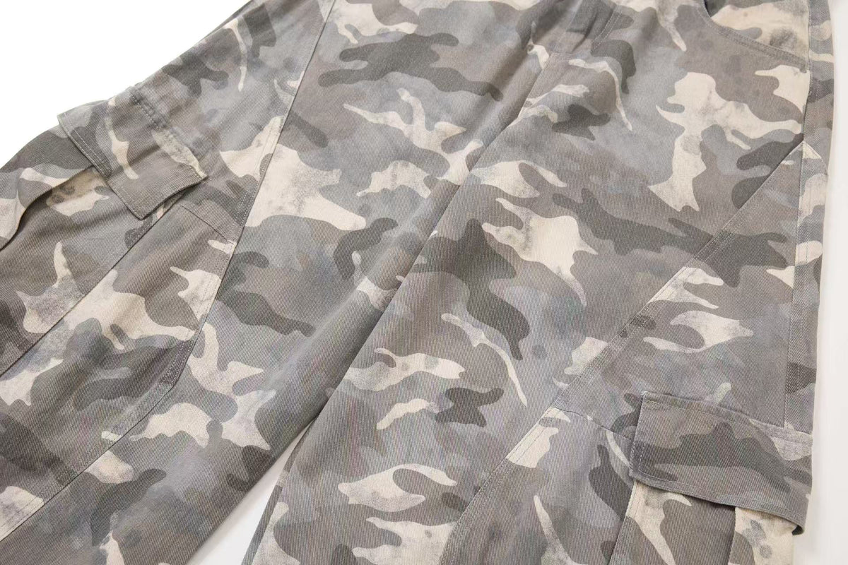 Snow Camo Seam Panel Multi-Pocket Baggy Wide Leg Cargo Pants - OMYGOODS