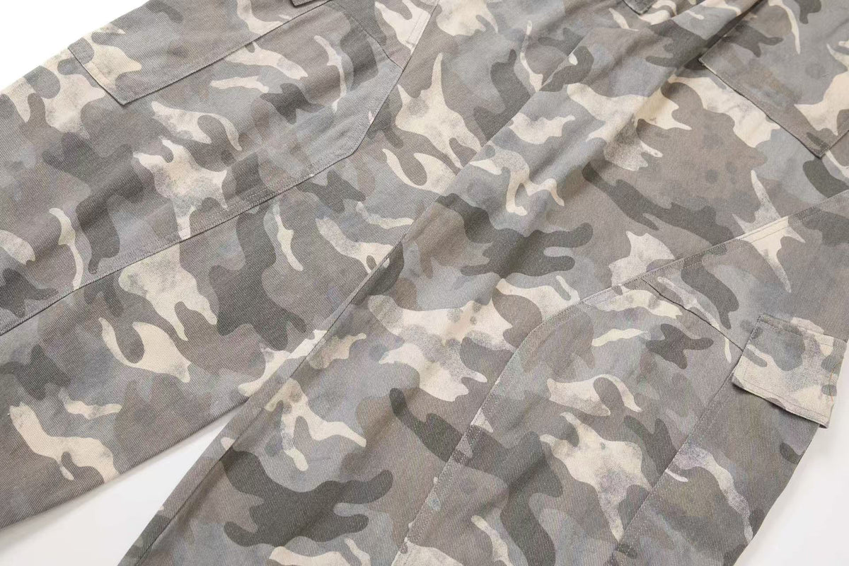 Snow Camo Seam Panel Multi-Pocket Baggy Wide Leg Cargo Pants - OMYGOODS
