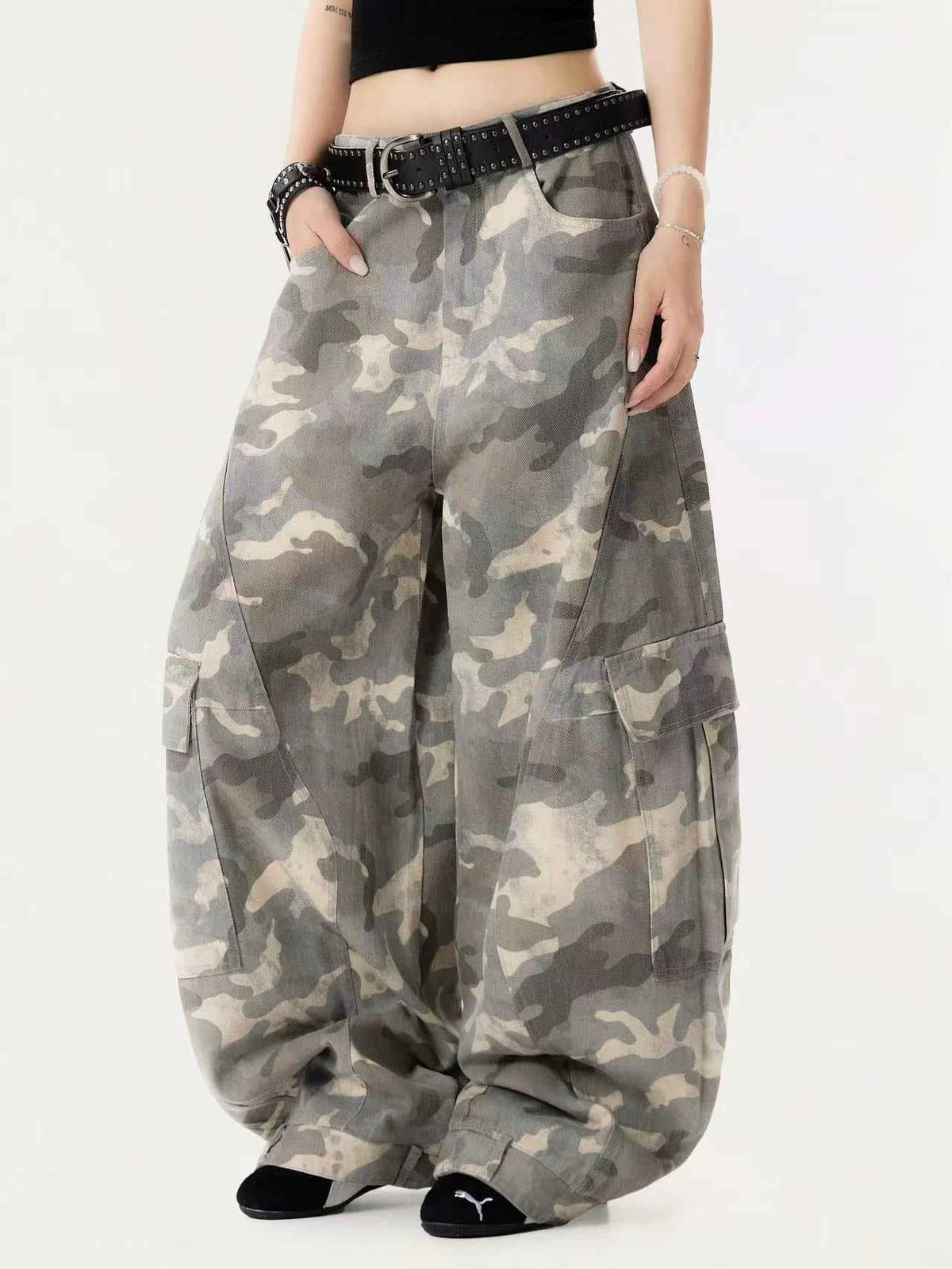 Snow Camo Seam Panel Multi-Pocket Baggy Wide Leg Cargo Pants