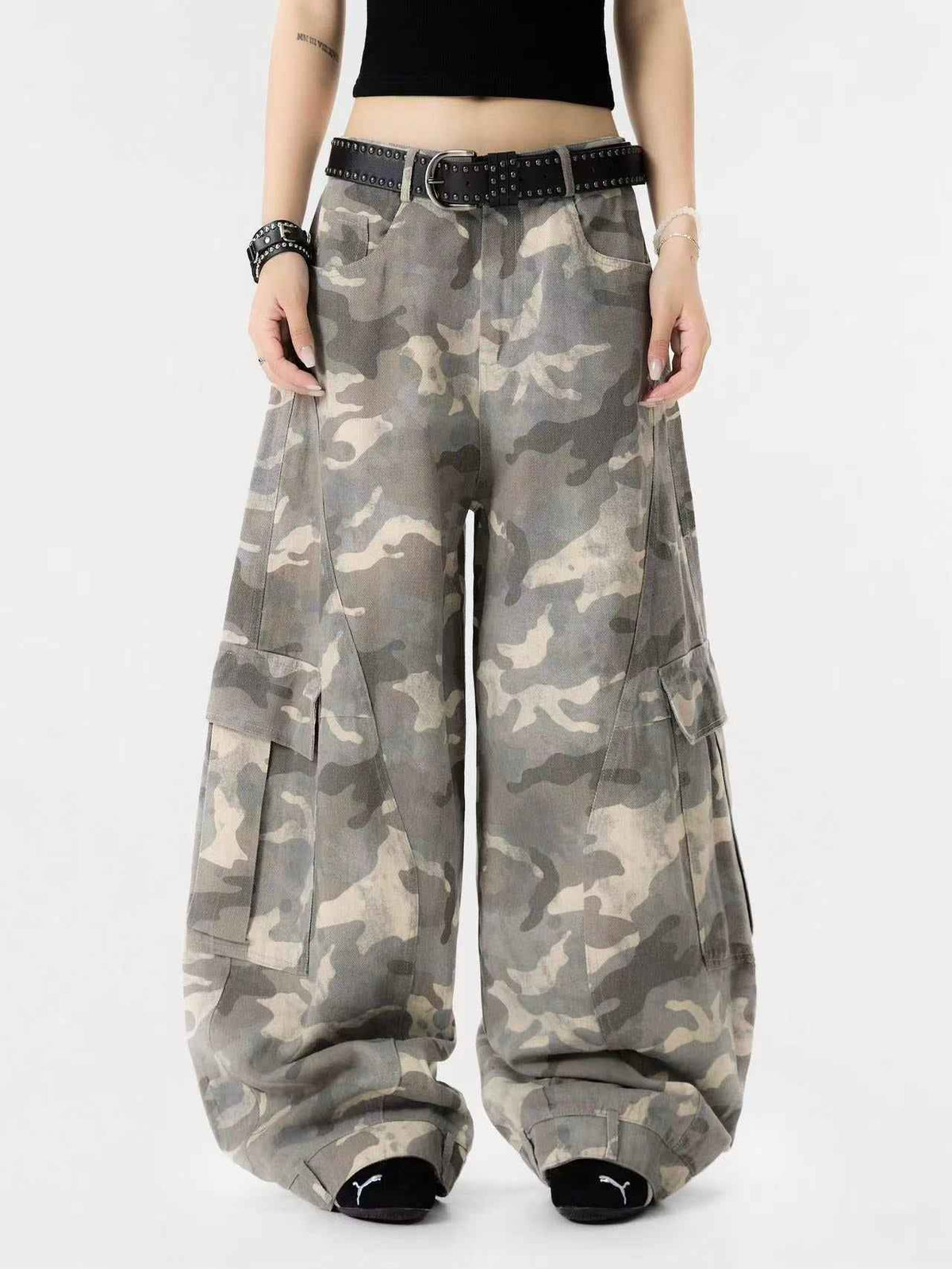 Snow Camo Seam Panel Multi-Pocket Baggy Wide Leg Cargo Pants