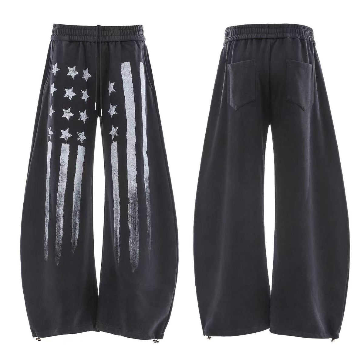 Streetwear Washed Stars and Stripes Print Wide-Leg Sweatpants - OMYGOODS