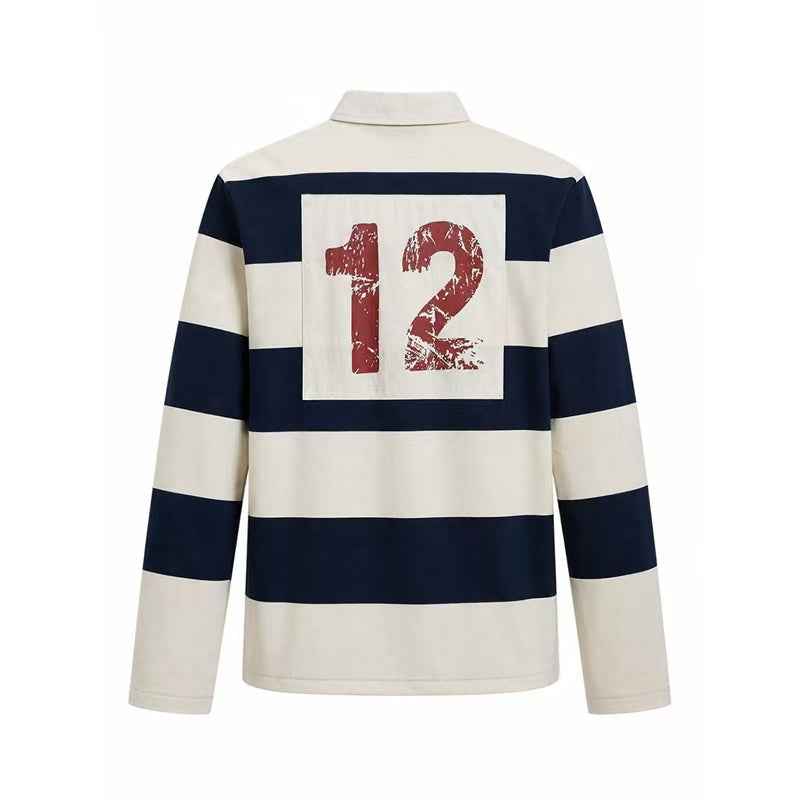 Vintage Block Stripe Number 12 Graphic Rugby Polo Long Sleeve