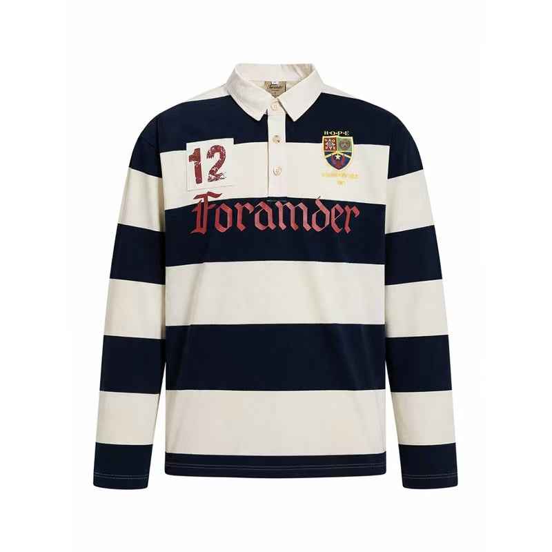 Vintage Block Stripe Number 12 Graphic Rugby Polo Long Sleeve
