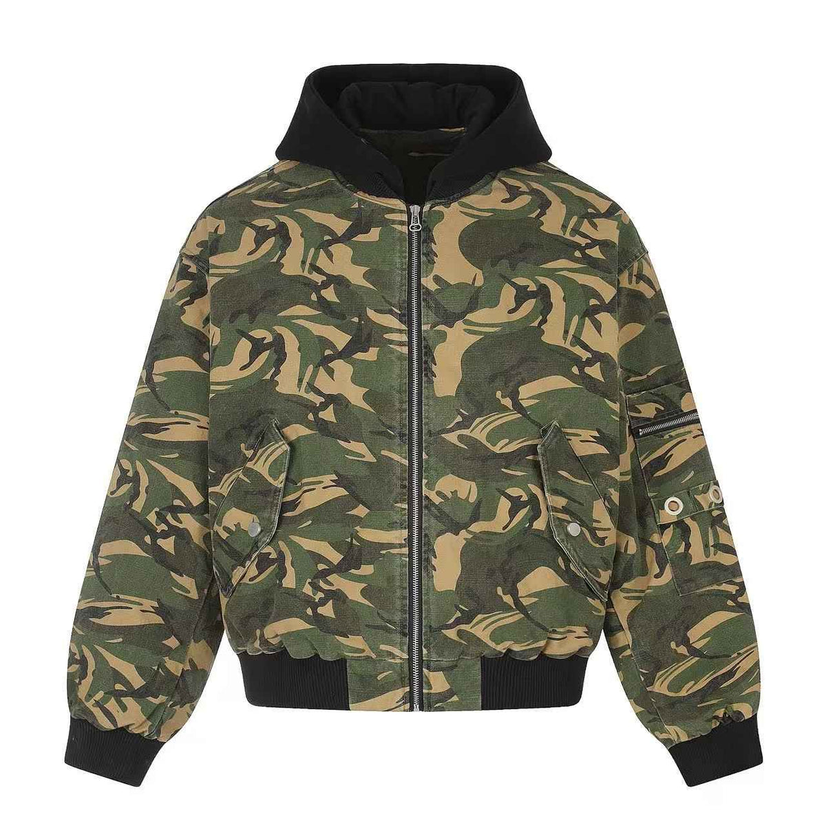 Vintage Camo Detachable Hood Bomber Jacket Zip‑Up Cargo Pocket Flight Jacket