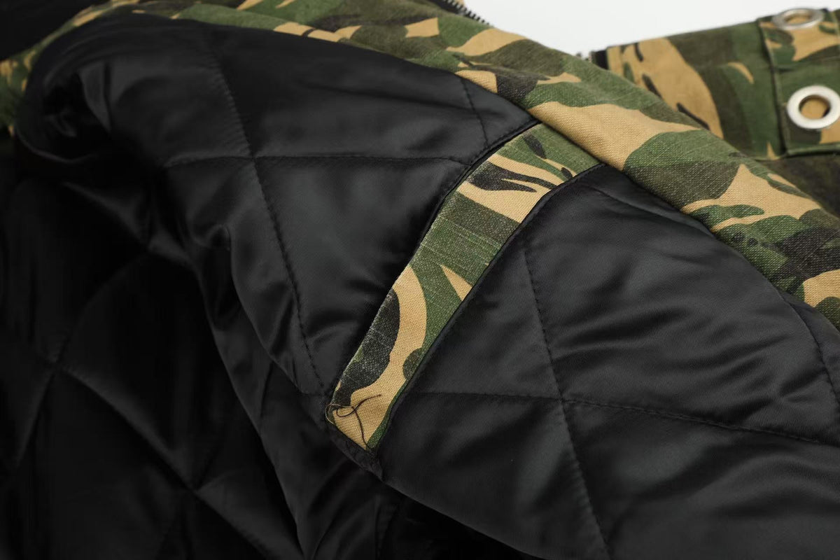 Vintage Camo Detachable Hood Bomber Jacket Zip‑Up Cargo Pocket Flight Jacket - OMYGOODS